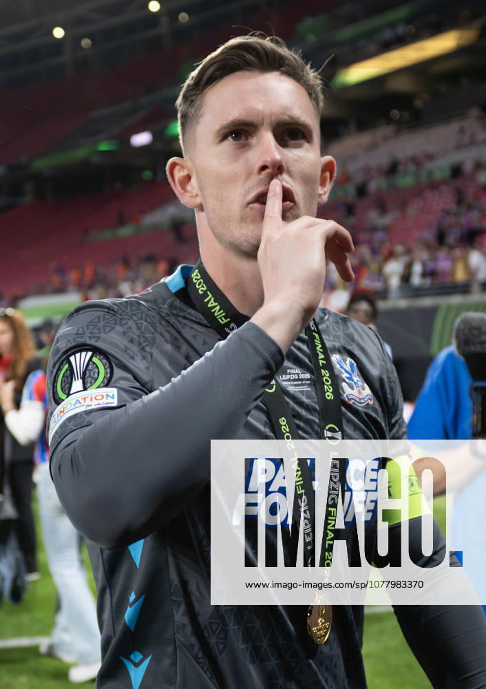 . - Crystal Palace v Rayo Vallecano, UEFA Conference League Final 2026, Red Bull Arena, Leipzig, Germany, 27th May 2026. Daniel Weir Crystal Pix Dean Henderson of Crystal Palace celebrating winning the UEFA Conference League Final with his winners medal and singing to the Crystal Palace fans. - Crystal Palace v Rayo Vallecano, UEFA Conference League Final 2026, Red Bull Arena, Leipzig, Germany, 27th May 2026. Daniel Weir Crystal Pix Leipzig Red Bull Arena Germany