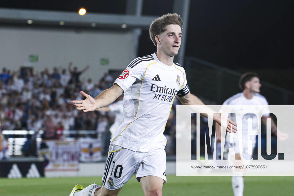 Real Madrid Castilla vs. CE Sabadell, on the playoff matchday of the 2025 26 Primera Federacion (Third Division of Spain) May 29, 2026, Madrid, Spain: Cesar Palacios celebrates his goal during the Primera Division championship football match between Real Madrid Castilla and CD Sabadell on 29 May 2026 at Estadio Alfredo Di Stefano in Madrid, Spain. Madrid Madrid Spain