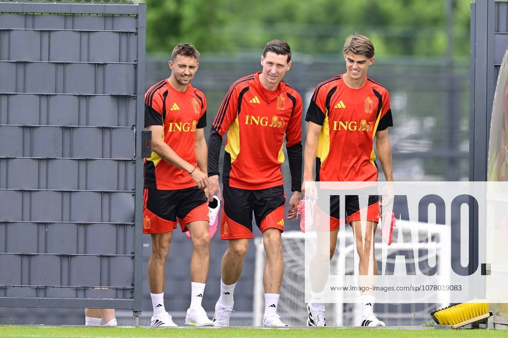 Belgian national football team - FIFA World Cup, WM, Weltmeisterschaft, Fussball 2026 - media activities 30 05 2026 TUBIZE, BELGIUM - MAY 30 : Castagne Timothy defender of Belgium, Vanaken Hans midfielder of Belgium and De Ketelaere Charles midfielder of Belgium pictured during a training session at the training grounds of the Royal Belgian Football Association ahead of the FIFA World Cup 2026 on May 30, 2026 in Tubize, Belgium, 30 05 2026 Tubize Belgium