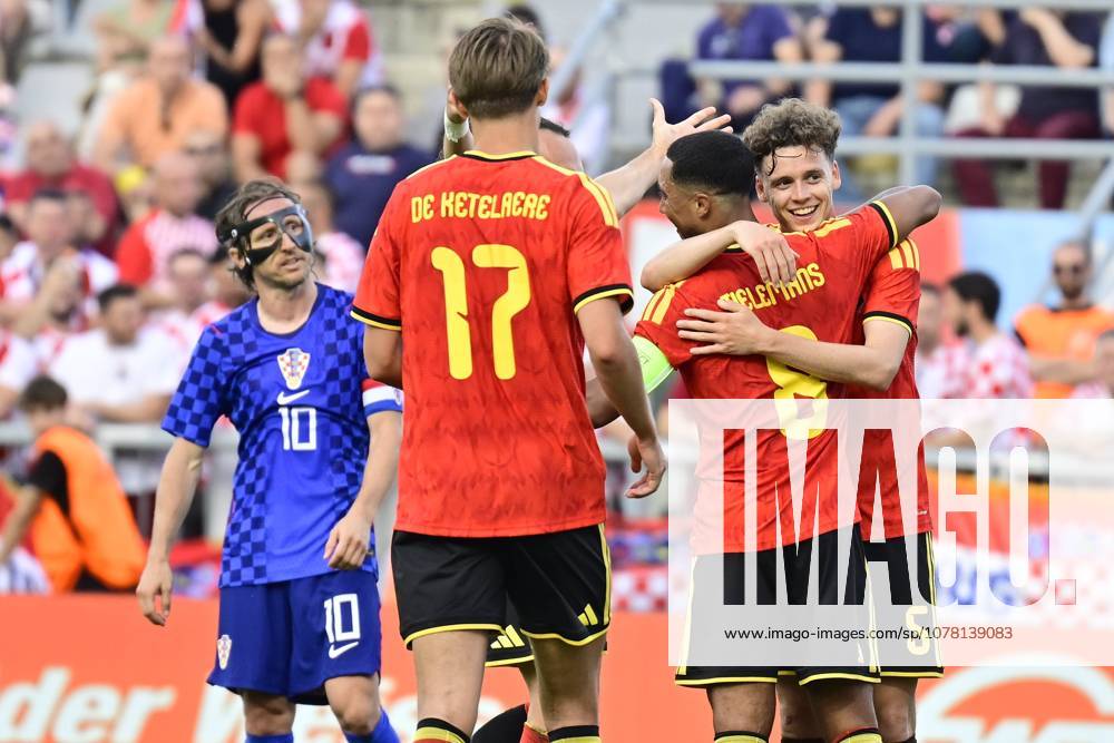 Croatia vs Belgium - friendly match RIJEKA, CROATIA - JUNE 02 : Tielemans Youri midfielder of Belgium celebrates scoring the opening goal with teammate De Cuyper Maxim defender of Belgium during a friendly match between Croatia and Belgium ahead of the FIFA World Cup, WM, Weltmeisterschaft, Fussball 2026 on June 02, 2026 in Rijeka, Croatia, 02 06 2026 Rijeka Croatia