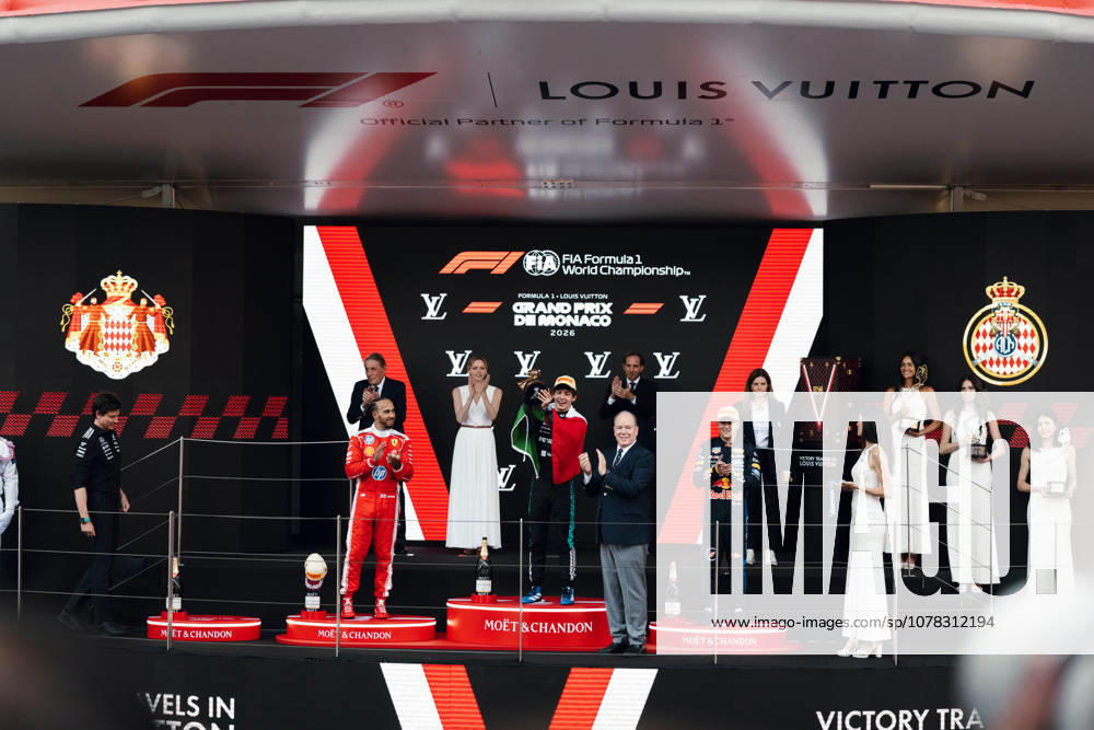 Monte Carlo, Monte Carlo, Principality of Monaco: LEWIS HAMILTON (44, Scuderia Ferrari HP, GBR, British F1 Driver, SF-26) ANDREA KIMI ANTONELLI (12, Mercedes AMG Petronas F1 Team, ITA, Italian F1 Driver, W17) ISACK HADJAR (6, Oracle Red Bull Racing, FRA, French F1 Driver, RB22) during the Formula 1 Podium on Race Day (Sunday) at the Formula 1 Louis Vuitton Grand Prix de Monaco 2026 in Monte Carlo, Principality of Monaco Monte Carlo Principality of Monaco - ZUMAr193 20260607_zsp_r193_001