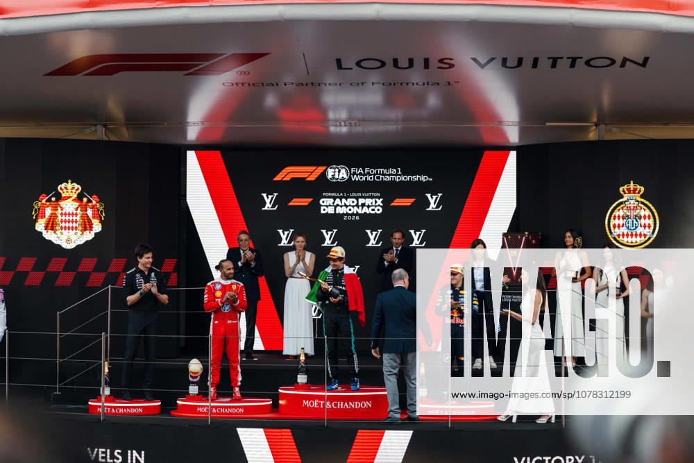 Monte Carlo, Monte Carlo, Principality of Monaco: LEWIS HAMILTON (44, Scuderia Ferrari HP, GBR, British F1 Driver, SF-26) ANDREA KIMI ANTONELLI (12, Mercedes AMG Petronas F1 Team, ITA, Italian F1 Driver, W17) ISACK HADJAR (6, Oracle Red Bull Racing, FRA, French F1 Driver, RB22) during the Formula 1 Podium on Race Day (Sunday) at the Formula 1 Louis Vuitton Grand Prix de Monaco 2026 in Monte Carlo, Principality of Monaco Monte Carlo Principality of Monaco - ZUMAr193 20260607_zsp_r193_003