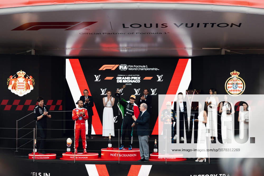 Monte Carlo, Monte Carlo, Principality of Monaco: LEWIS HAMILTON (44, Scuderia Ferrari HP, GBR, British F1 Driver, SF-26) ANDREA KIMI ANTONELLI (12, Mercedes AMG Petronas F1 Team, ITA, Italian F1 Driver, W17) ISACK HADJAR (6, Oracle Red Bull Racing, FRA, French F1 Driver, RB22) during the Formula 1 Podium on Race Day (Sunday) at the Formula 1 Louis Vuitton Grand Prix de Monaco 2026 in Monte Carlo, Principality of Monaco Monte Carlo Principality of Monaco - ZUMAr193 20260607_zsp_r193_004