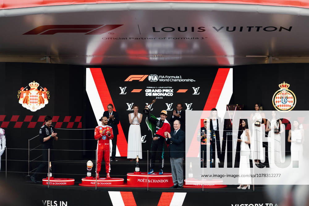 Monte Carlo, Monte Carlo, Principality of Monaco: LEWIS HAMILTON (44, Scuderia Ferrari HP, GBR, British F1 Driver, SF-26) ANDREA KIMI ANTONELLI (12, Mercedes AMG Petronas F1 Team, ITA, Italian F1 Driver, W17) ISACK HADJAR (6, Oracle Red Bull Racing, FRA, French F1 Driver, RB22) during the Formula 1 Podium on Race Day (Sunday) at the Formula 1 Louis Vuitton Grand Prix de Monaco 2026 in Monte Carlo, Principality of Monaco Monte Carlo Principality of Monaco - ZUMAr193 20260607_zsp_r193_005