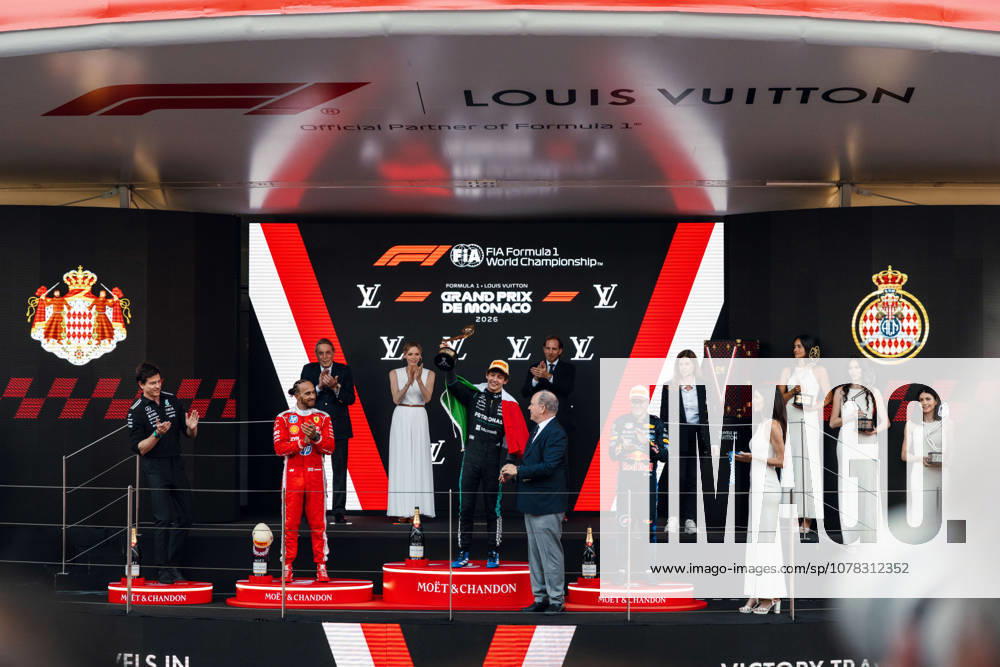 Monte Carlo, Monte Carlo, Principality of Monaco: LEWIS HAMILTON (44, Scuderia Ferrari HP, GBR, British F1 Driver, SF-26) ANDREA KIMI ANTONELLI (12, Mercedes AMG Petronas F1 Team, ITA, Italian F1 Driver, W17) ISACK HADJAR (6, Oracle Red Bull Racing, FRA, French F1 Driver, RB22) during the Formula 1 Podium on Race Day (Sunday) at the Formula 1 Louis Vuitton Grand Prix de Monaco 2026 in Monte Carlo, Principality of Monaco Monte Carlo Principality of Monaco - ZUMAr193 20260607_zsp_r193_007
