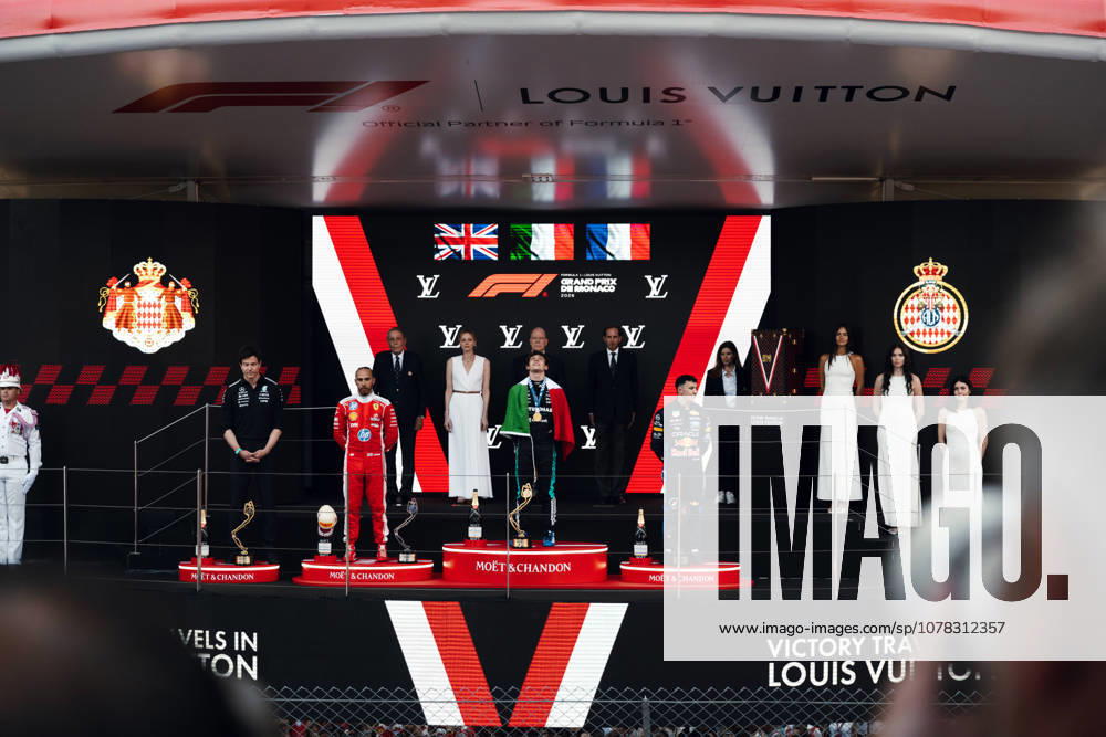 Monte Carlo, Monte Carlo, Principality of Monaco: LEWIS HAMILTON (44, Scuderia Ferrari HP, GBR, British F1 Driver, SF-26) ANDREA KIMI ANTONELLI (12, Mercedes AMG Petronas F1 Team, ITA, Italian F1 Driver, W17) ISACK HADJAR (6, Oracle Red Bull Racing, FRA, French F1 Driver, RB22) during the Formula 1 Podium on Race Day (Sunday) at the Formula 1 Louis Vuitton Grand Prix de Monaco 2026 in Monte Carlo, Principality of Monaco Monte Carlo Principality of Monaco - ZUMAr193 20260607_zsp_r193_008