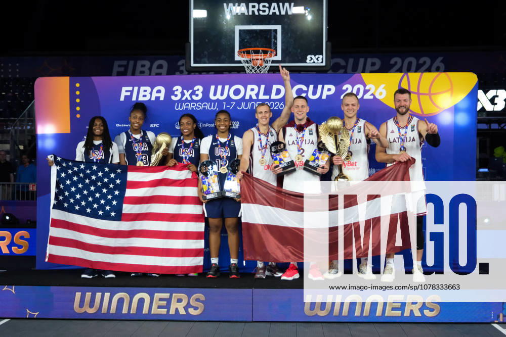 USA s MILAYSIA FULWILEY (4), MIKAYLAH WILLIAMS (12), SAHARA WILLIAMS (6), and JOYCE EDWARDS (13) pose with their women s 1st place medals and the world champions trophy; Latvia s FRANCIS LACIS (6), NAURIS MIEZIS (1), KARLIS LASMANIS (2), and ZIGMARS RAIMO (9) pose with their men s 1st place medals and men s world champions trophy during the prize ceremony at the conclusion of the 2026 FIBA 3x3 Basketball World Cup in Warsaw, Poland. Warsaw Poland - ZUMAk204 20260607_zip_k204_102