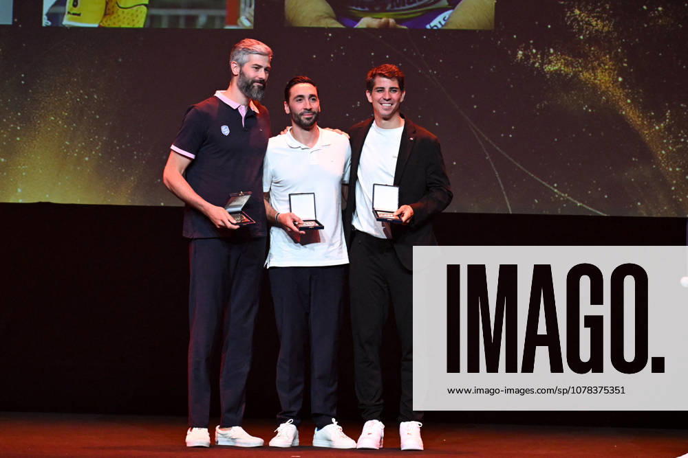 Trophees LNH 2026 - Paris Diego Simonet, Valero Rivera, and Pierre Paturel are seen during the Trophees LNH 2026 ceremony at Theâtre Marigny on the Champs-Élysees in Paris, France on June 9, 2026, organized by the Ligue Nationale de Handball. Photo by Lionel Urman ABACAPRESS.COM Paris France