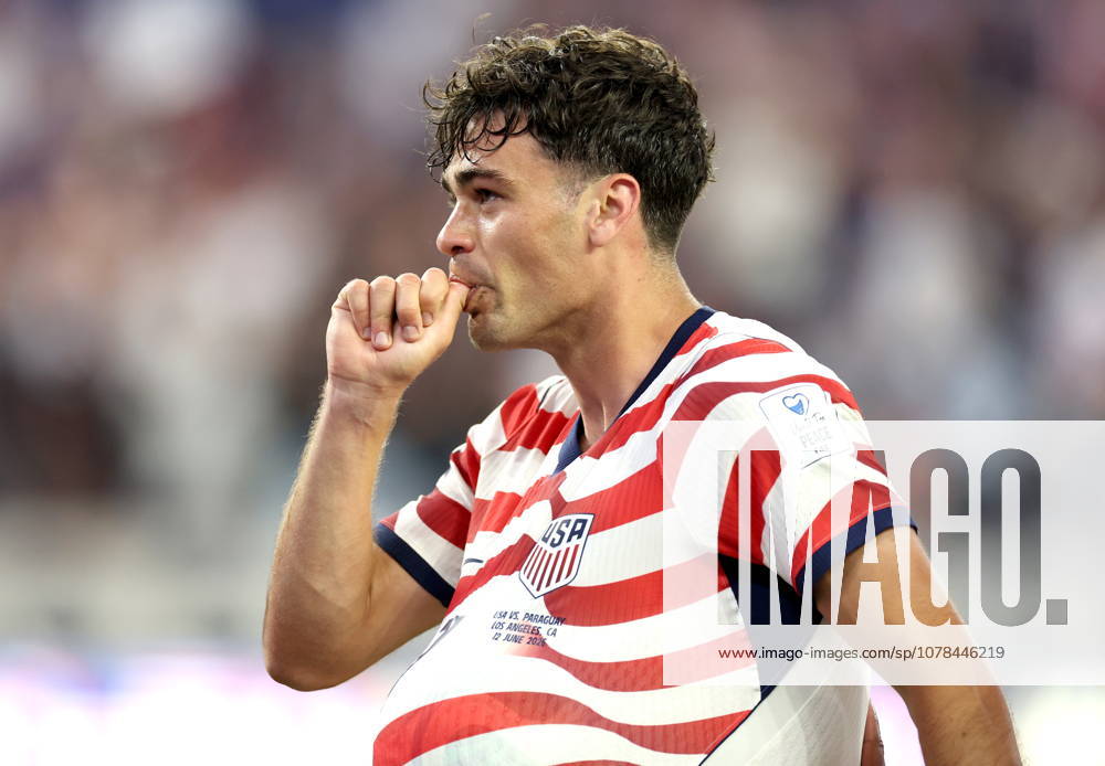 FIFA World Cup, WM, Weltmeisterschaft, Fussball 2026 - Group D - USA vs Paraguay Giovanni Reyna of USA celebrates after scoring his team s 4th goal during the FIFA World Cup 2026 group stage match USA against Paraguay, in Los Angeles, California, USA, 12 June 2026. LOS ANGELES United States