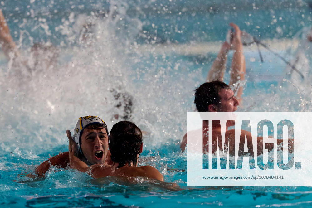 Marc Alls Ferrer (left) of Zodiac CNAB celebrates with a teammate after winning the European Aquatics Mens Water polo, Wasserball Champions League gold‘medal match against Pro Recco at the National Pool, Tal‘Qroqq, Malta, on 13 June 2026. Zodiac CNAB v Pro Recco - Mens Water Polo Men Champions League 2026 Final; EA_CL_2026_MLT