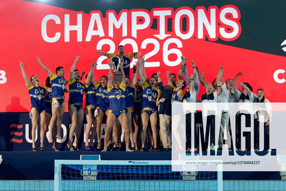 Zodiac CNAB players and staf react in celebration after winning the European Aquatics Mens Water polo, Wasserball Champions League gold‘medal match against Pro Recco at the National Pool, Tal‘Qroqq, Malta, on 13 June 2026. Zodiac CNAB v Pro Recco - Mens Water Polo Men Champions League 2026 Final; EA_CL_2026_MLT