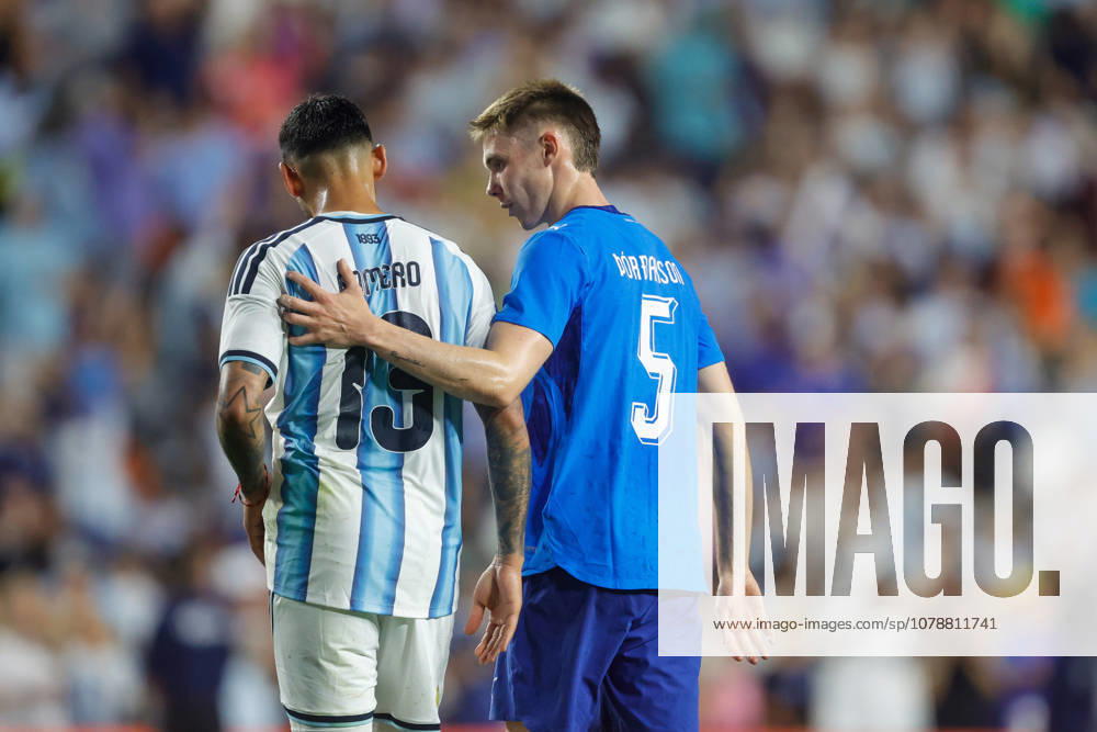Gisli Thordarson 5 of Iceland greets Cristian Romero 13 of Argentina after a football friendly match at Jordan-Hare Stadium in Auburn, USA.