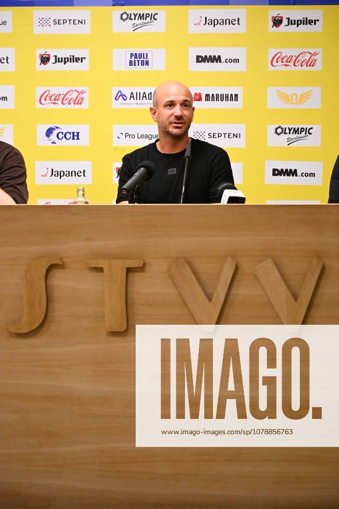 STVV s head coach Frederic De Meyer pictured during a press conference, PK, Pressekonferenz of Belgian first division soccer team Sint-Truiden VV, on Friday 26 June 2026 in Sint-Truiden, in preparation of the upcoming 2026-2027 Belgian first division soccer season. JILLxDELSAUX x179367386x