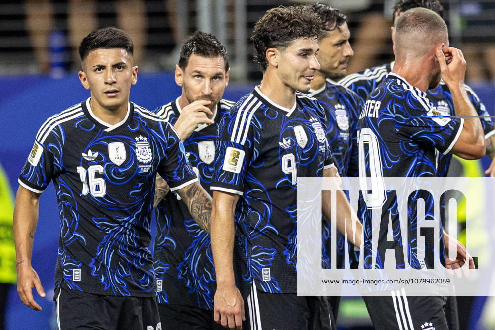 Thiago Almada of Argentina (16), Lionel Messi of Argentina (10) and Julian Alvarez of Argentina (9) celebrate after scoring a goal during FIFA World Cup, WM, Weltmeisterschaft, Fussball 2026 football match between Jordan and Argentina at AT&T Stadium Stadium (Dallas). Final score; Jordan 1:3 Argentina. Dallas United States - ZUMAs197 20260627_aaa_s197_317