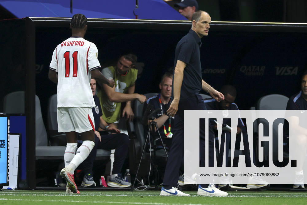 England v Congo DR: Round Of 32 - FIFA World Cup, WM, Weltmeisterschaft, Fussball 2026 Marcus Rashford of England is substituted by Thomas Tuchel, Head coach of England during the FIFA World Cup 2026 Round Of 32 match between England and Congo DR at Atlanta Stadium on July 1, 2026 in Atlanta, United States. Atlanta Atlanta Stadium GA United States