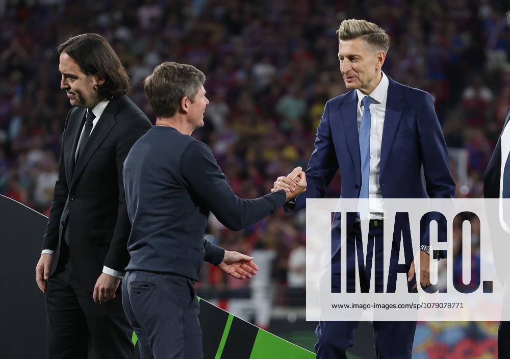 . - Crystal Palace v Rayo Vallecano, UEFA Conference League Final 2026, Red Bull Arena, Leipzig, Germany, 27th May 2026. Daniel Weir Crystal Pix Oliver Glasner manager of Crystal Palace is congratulated by Steve Parish co owner of Crystal Palace after winning the UEFA Conference League Final 2026. - Crystal Palace v Rayo Vallecano, UEFA Conference League Final 2026, Red Bull Arena, Leipzig, Germany, 27th May 2026. Daniel Weir Crystal Pix Leipzig Red Bull Arena Germany