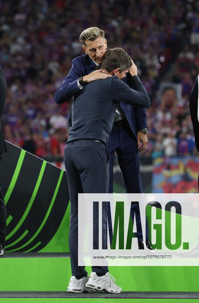 . - Crystal Palace v Rayo Vallecano, UEFA Conference League Final 2026, Red Bull Arena, Leipzig, Germany, 27th May 2026. Daniel Weir Crystal Pix Oliver Glasner manager of Crystal Palace is congratulated by Steve Parish co owner of Crystal Palace after winning the UEFA Conference League Final 2026. - Crystal Palace v Rayo Vallecano, UEFA Conference League Final 2026, Red Bull Arena, Leipzig, Germany, 27th May 2026. Daniel Weir Crystal Pix Leipzig Red Bull Arena Germany