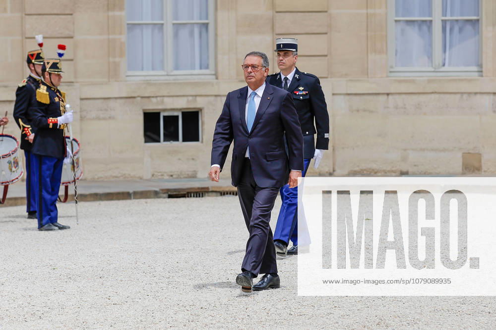 French President Emmanuel Macron welcomes Portuguese President Antonio Jose Seguro. President Antonio Jose Seguro walk on their way to meet French President Emmanuel Macron at the Elysee Palace in Paris, France