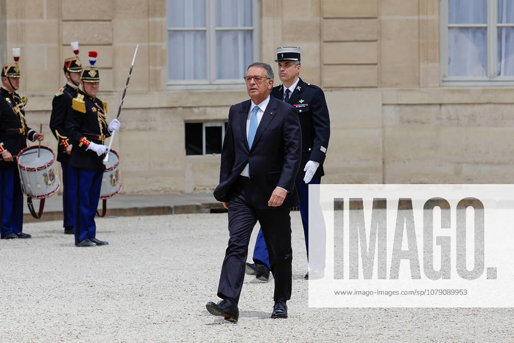 French President Emmanuel Macron welcomes Portuguese President Antonio Jose Seguro. President Antonio Jose Seguro walk on their way to meet French President Emmanuel Macron at the Elysee Palace in Paris, France