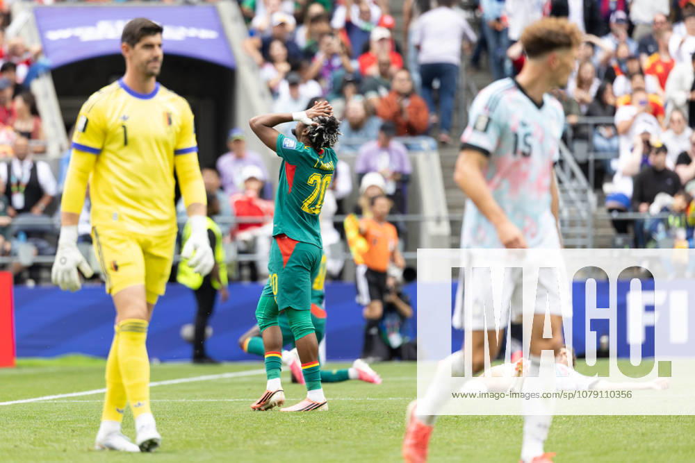 Senegal forward Ibrahim Mbaye (20) misses a shot o goal by Belgium goalkeeper Thibaut Courtois (1) and Belgium defender Thomas Meunier (15) in overtime of the game Belgium national team, Nationalteam vs Senegal National Team for the FIFA World Cup, WM, Weltmeisterschaft, Fussball match, at Seattle Stadium. Belgium National Team Vs Senegal National Team - ZUMAl181 20260701_zsp_l181_225