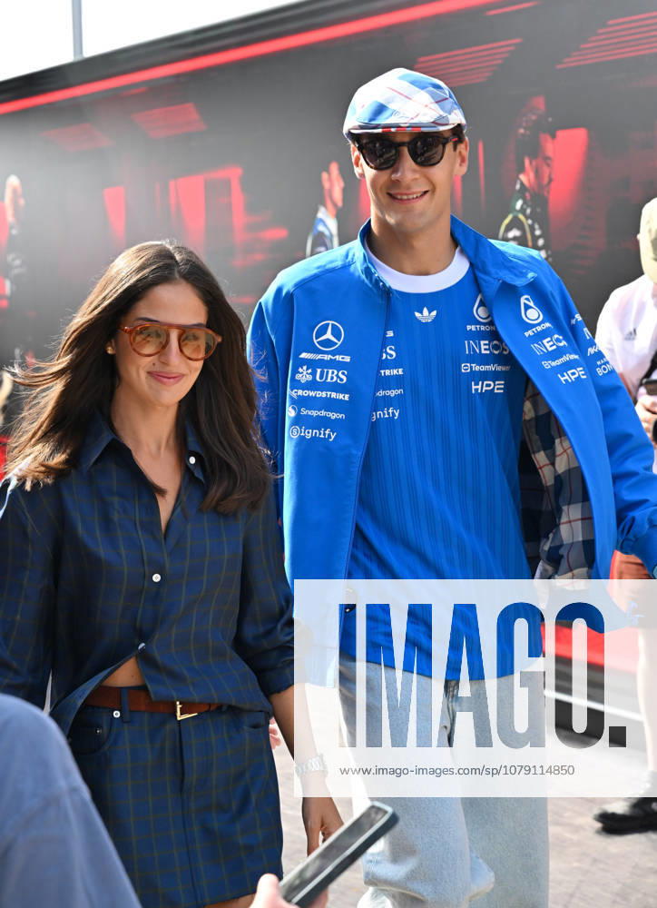Formula 1, Arrivals, Silverstone, UK, 03 July, 2026. 03 July 2026. George Russell, Mercedes, with his girlfriend Carmen Montero Mundt as they arrive at the Formula 1 Pirelli British Grand Prix at Silverstone, Northamptonshire, UK., Credit:Lee Floyd Lee Floyd - B3214 Avalon UK, Northamptonshire, London, Silverstone