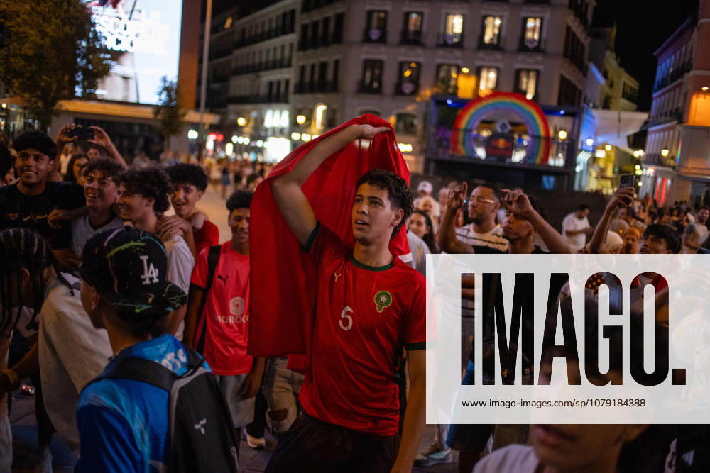 Morocco Celebration, Madrid Fans of the Moroccan men s national football team celebrate their 3-0 victory over Canada at Houston Stadium during the 2026 FIFA World Cup, WM, Weltmeisterschaft, Fussball hosted by the United States, Canada, and Mexico, in Madrid, Spain, on July 4, 2026. Madrid MADRID Spain