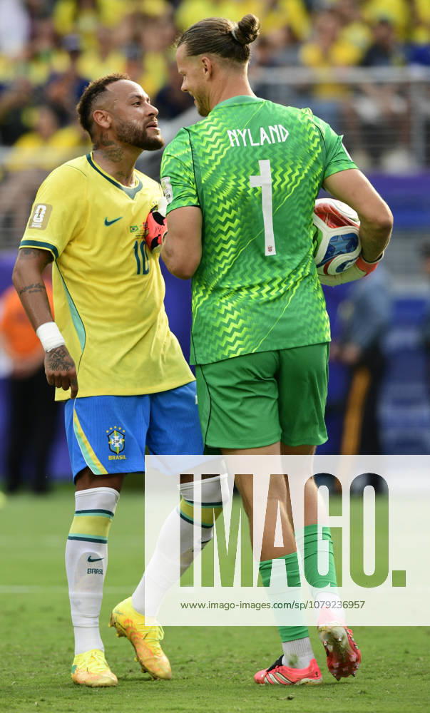 EAST RUTHERFORD, NEW JERSEY - JULY 5: Neymar of Brazil confronts Norway goalkeeper orjan Nyland after scoring his teams first goal during the FIFA World Cup, WM, Weltmeisterschaft, Fussball 2026 Round Of 16 match between Brazil and Norway at New York New Jersey Stadium on July 5, 2026 in East Rutherford, New Jersey.