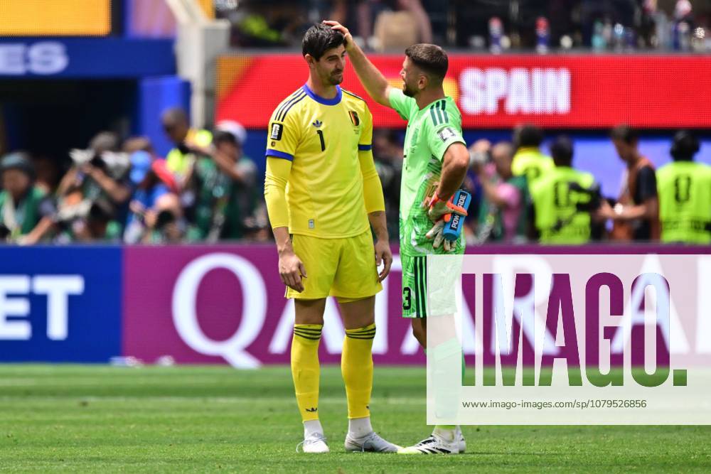 Belgium s goalkeeper Thibaut Courtois and Spain s Unai Simon are pictured after a soccer game between Spain and Belgian national team, Nationalteam Red Devils, on Friday 10 July 2026 in Los Angeles, USA, in the 1 4 finals of the FIFA World Cup, WM, Weltmeisterschaft, Fussball 2026. DIRKxWAEM x180906678x