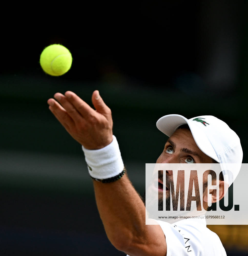 (260711) -- LONDON, July 11, 2026 -- Novak Djokovic serves during the men s singles semifinal between Jannik Sinner of Italy and Novak Djokovic of Serbia at the Wimbledon Tennis Championships in London, Britain, on July 10, 2026. ) (SP)BRITAIN-LONDON-TENNIS-WIMBLEDON-MEN S SINGLES LixYing