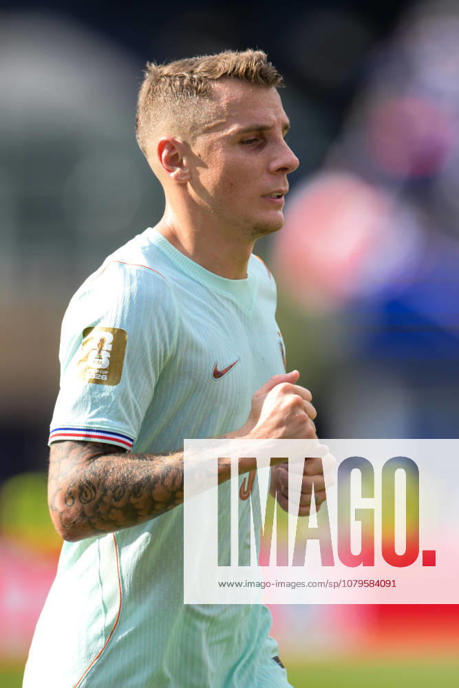 Fußball, WM 2026, 20260709, Frankreich - Marokko. Im Bild Lucas DIGNE (Frankreich, 3) Portrait Oberkörper halbe Figur angeschnittenes Einzelmotiv. Foxborough Boston-Stadion Massachusetts Vereinigte Staaten von Amerika