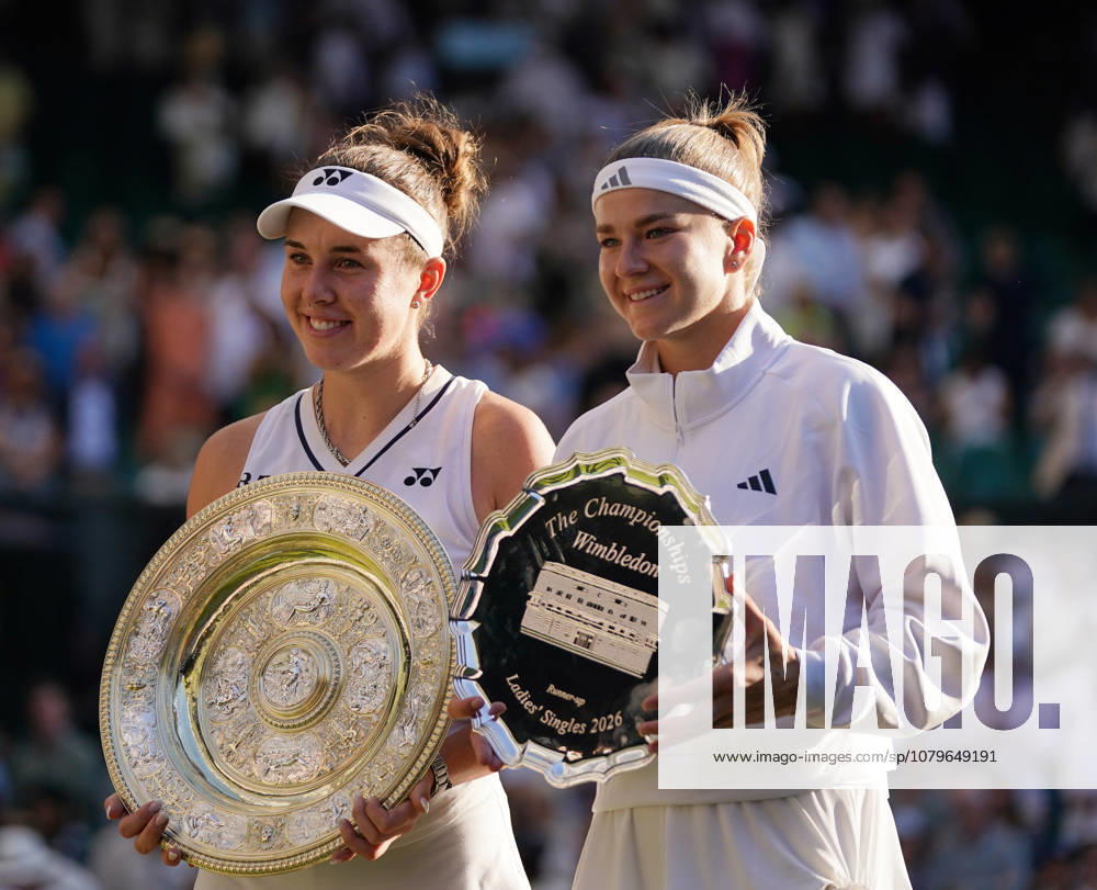 Tennis - 2026 Wimbledon Championships - Day Eleven (Week Two) - All England Lawn Tennis & Croquet Club, London - Saturday 11th July 2026 Centre Court :Ladies singles Final - Karolina Muchova (CZE) v Linda Noskova (CZE) Linda Noskova (CZE) with her winners Plate and Karolina Muchova (CZE) with her runners up plate COLORSPORT ANDREW COWIE