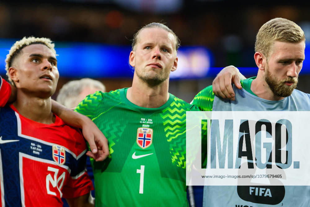 Antonio Nusa and goalkeeper orjan Nyland of Norway after the FIFA World Cup, WM, Weltmeisterschaft, Fussball 2026 quarter-final football match between Norway and England on July 11, 2026 in Miami. Photo: Vegard Grott BILDBYRAN kod VG VG0992 bbeng fotboll football soccer fotball vm fotbolls-vm fotball-vm fotbolls-vm 2026 fifa world cup 2026 kvartfinale kvartsfinal quarterfinal quarter-final england norge norway depp