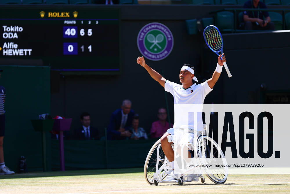 Tokito Oda celebrates victory in the Gentlemen s Wheelchair Singles Final Wimbledon Tennis Championships, Day 14, The All England Lawn Tennis and Croquet Club, London, UK - 12 Jul 2026London The All England Lawn Tennis and United Kingdom