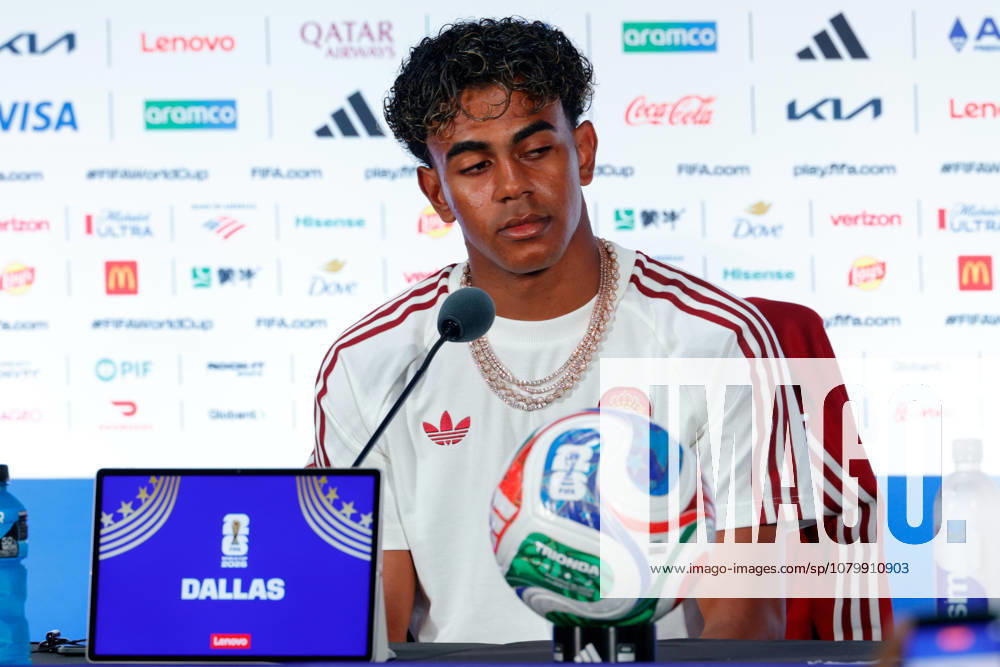 Spain forward LAMINE YAMAL (19) speaks to members of the media during a press conference, PK, Pressekonferenz at Dallas Stadium ahead of their semifinal match against France at the 2026 FIFA World Cup, WM, Weltmeisterschaft, Fussball Arlington USA - ZUMAa325 20260713_zsa_a325_030