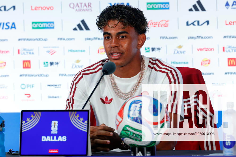Spain forward LAMINE YAMAL (19) speaks to members of the media during a press conference, PK, Pressekonferenz at Dallas Stadium ahead of their semifinal match against France at the 2026 FIFA World Cup, WM, Weltmeisterschaft, Fussball Arlington USA - ZUMAa325 20260713_zsa_a325_032
