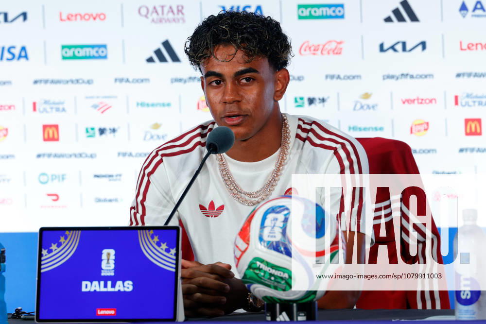 Spain forward LAMINE YAMAL (19) speaks to members of the media during a press conference, PK, Pressekonferenz at Dallas Stadium ahead of their semifinal match against France at the 2026 FIFA World Cup, WM, Weltmeisterschaft, Fussball Arlington USA - ZUMAa325 20260713_zsa_a325_037