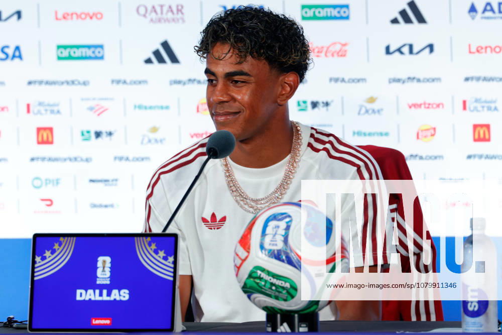 Spain forward LAMINE YAMAL (19) speaks to members of the media during a press conference, PK, Pressekonferenz at Dallas Stadium ahead of their semifinal match against France at the 2026 FIFA World Cup, WM, Weltmeisterschaft, Fussball Arlington USA - ZUMAa325 20260713_zsa_a325_050