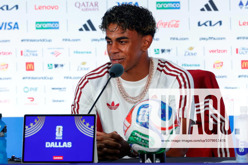 Spain forward LAMINE YAMAL (19) speaks to members of the media during a press conference, PK, Pressekonferenz at Dallas Stadium ahead of their semifinal match against France at the 2026 FIFA World Cup, WM, Weltmeisterschaft, Fussball Arlington USA - ZUMAa325 20260713_zsa_a325_051