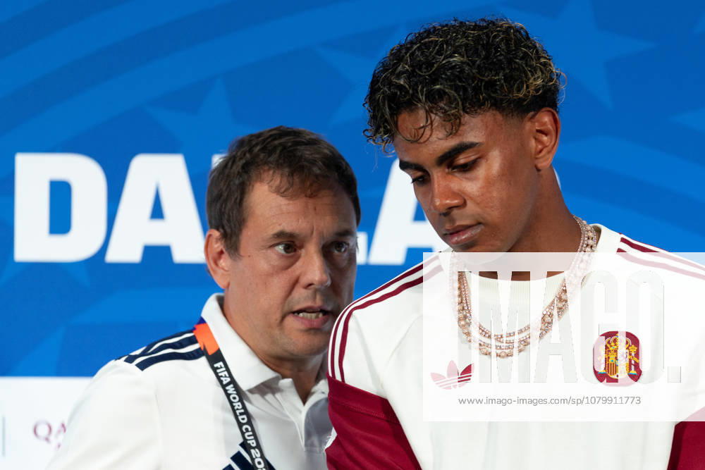 Spain forward LAMINE YAMAL (right) speaks to a member of the communications team during a press conference, PK, Pressekonferenz prior to a 2026 FIFA World Cup, WM, Weltmeisterschaft, Fussball semifinal match between France and Spain at Dallas Stadium in Arlington, Texas. Arlington USA - ZUMAh193 20260713_zsp_h193_021