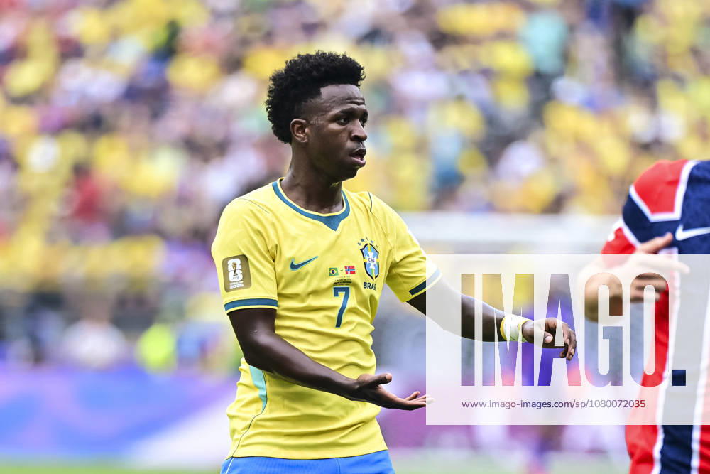 Brazil v Norway: Round of 16 - FIFA World Cup, WM, Weltmeisterschaft, Fussball 2026 New Jersey, United States - 5 July: Vinicius Junior of Brazil reacts during the FIFA World Cup 2026 Round Of 16 match between Brazil and Norway at New York New Jersey Stadium on July 5, 2026 in East Rutherford, United States East Rutherford New York New Jersey Stadium New Jersey United States