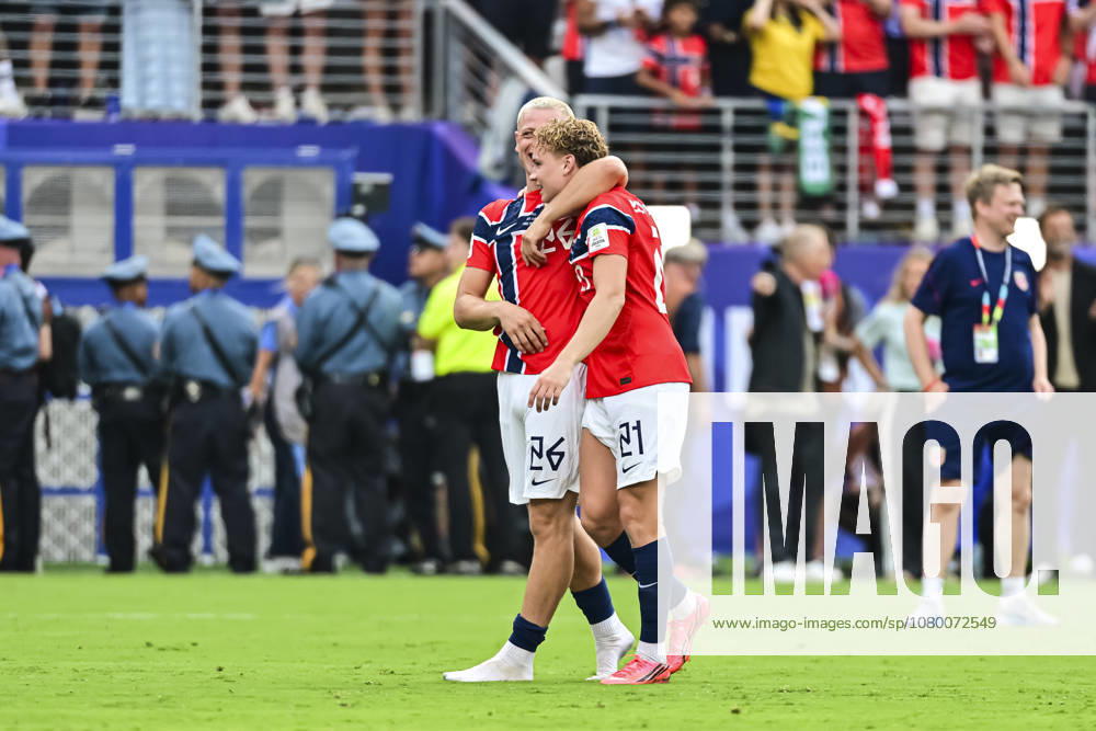 Brazil v Norway: Round of 16 - FIFA World Cup, WM, Weltmeisterschaft, Fussball 2026 New Jersey, United States - 5 July: (L-R) Julian Ryerson and Andreas Schjelderup of Norway celebrate after winning the during the FIFA World Cup 2026 Round Of 16 match between Brazil and Norway at New York New Jersey Stadium on July 5, 2026 in East Rutherford, United States East Rutherford New York New Jersey Stadium New Jersey United States