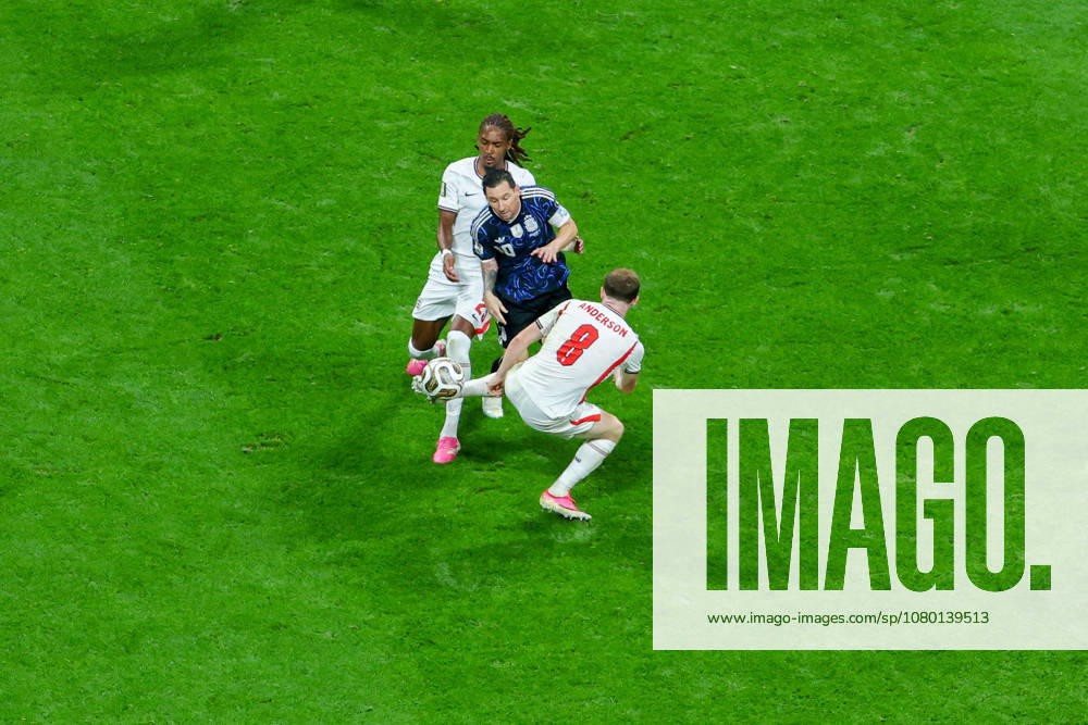 Lionel Messi of Team Argentina is challenged by defenders during the FIFA World Cup, WM, Weltmeisterschaft, Fussball 2026 Semi Final match between England and Argentina at Atlanta Stadium on July 15, 2026 in Atlanta, Georgia.