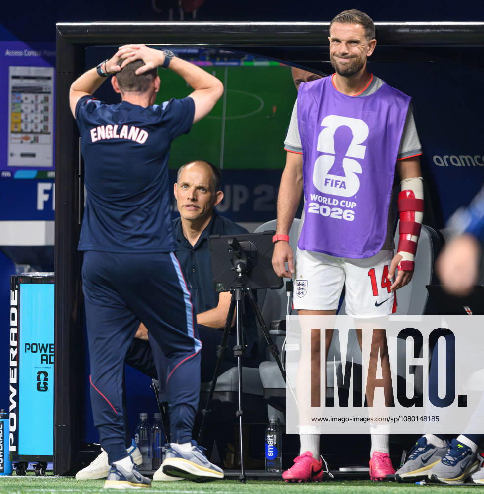 England v Argentina - Atlanta Stadium- Semi Final - 2026 World Cup - USA. 15 July 2026 - England v Argentina - Atlanta Stadium- Semi Final - 2026 World Cup - USA. England Manager Thomas Tuchel, Assistant Coach Anthony Barry and Jordan Henderson dejected after defeat to Argentina. Picture : Mark Pain ATLANTA USA