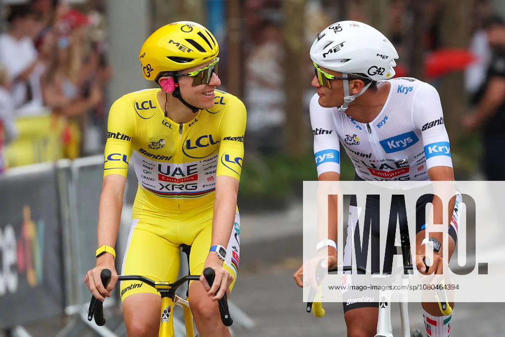 Paris, France Tadej Pogacar (UAE Team Emirates XRG) (SLO) in the yellow jersey and Isaac Del Toro (MEX) (UAE Team Emirates XRG) in the white jersey the Champs-Elysées, the start Stage 21 of the Tour de France 2026 from Thoiry to Paris (Champs-Elysées) on July 26, 2026, in Paris, France