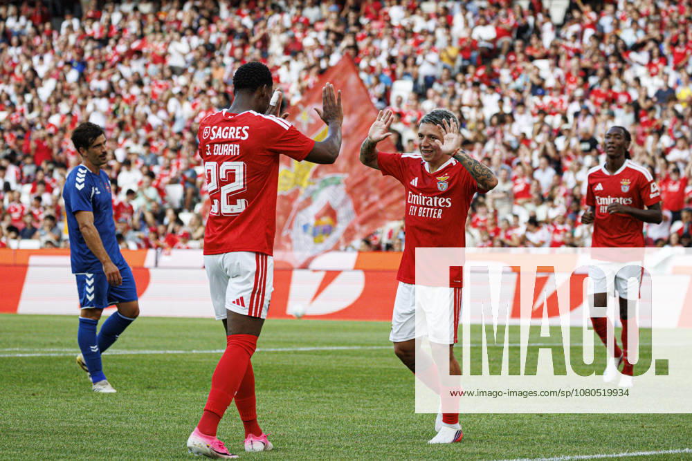 Jhon Duran and Gianluca Prestianni seen celebrating after goal during International Friendly, Länderspiel, Nationalmannschaft game between teams of SL Benfica and CF Belenenses (Ana Catarina Santana Ball Raw Images) Lisbon Estadio da Luz Portugal