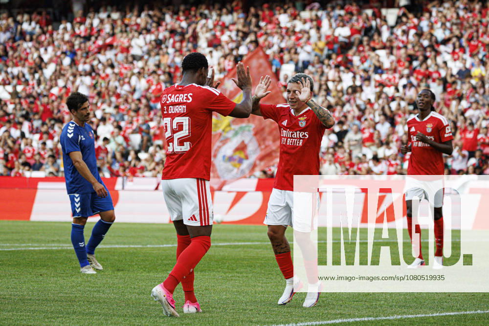 Jhon Duran and Gianluca Prestianni seen celebrating after goal during International Friendly, Länderspiel, Nationalmannschaft game between teams of SL Benfica and CF Belenenses (Ana Catarina Santana Ball Raw Images) Lisbon Estadio da Luz Portugal