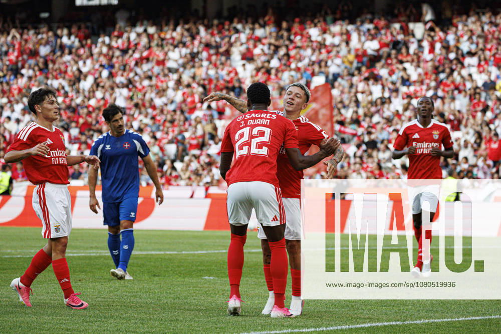 Jhon Duran and Gianluca Prestianni seen celebrating after goal during International Friendly, Länderspiel, Nationalmannschaft game between teams of SL Benfica and CF Belenenses (Ana Catarina Santana Ball Raw Images) Lisbon Estadio da Luz Portugal