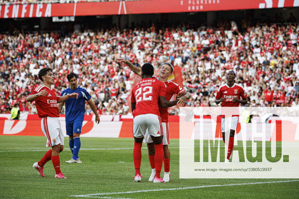 Jhon Duran and Gianluca Prestianni seen celebrating after goal during International Friendly, Länderspiel, Nationalmannschaft game between teams of SL Benfica and CF Belenenses (Ana Catarina Santana Ball Raw Images) Lisbon Estadio da Luz Portugal