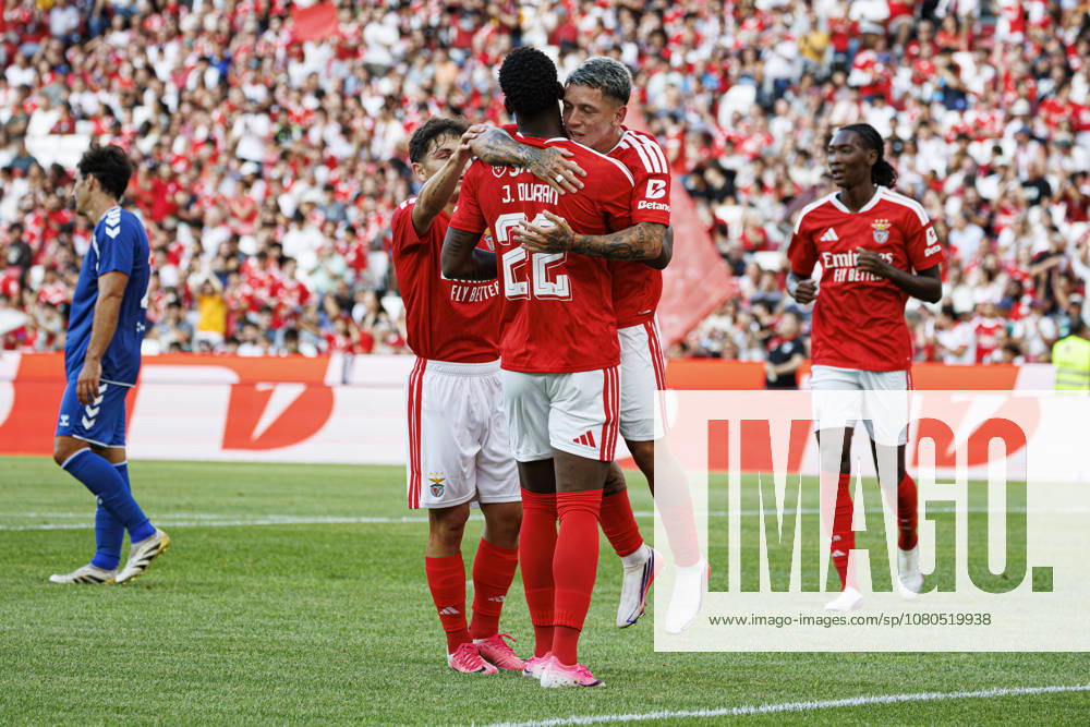 Jhon Duran and Gianluca Prestianni seen celebrating after goal during International Friendly, Länderspiel, Nationalmannschaft game between teams of SL Benfica and CF Belenenses (Ana Catarina Santana Ball Raw Images) Lisbon Estadio da Luz Portugal