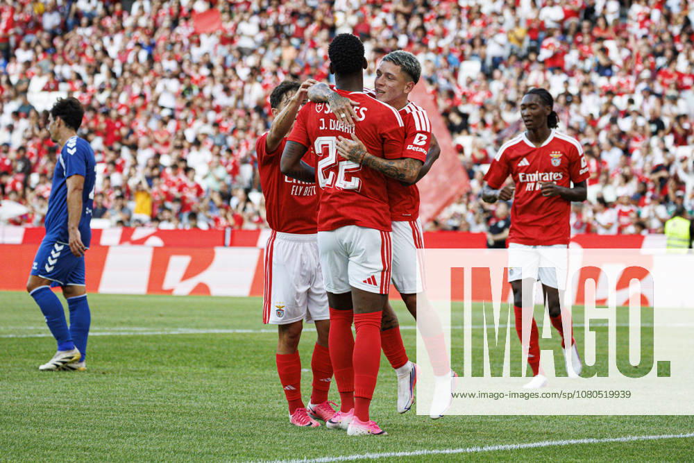 Jhon Duran and Gianluca Prestianni seen celebrating after goal during International Friendly, Länderspiel, Nationalmannschaft game between teams of SL Benfica and CF Belenenses (Ana Catarina Santana Ball Raw Images) Lisbon Estadio da Luz Portugal